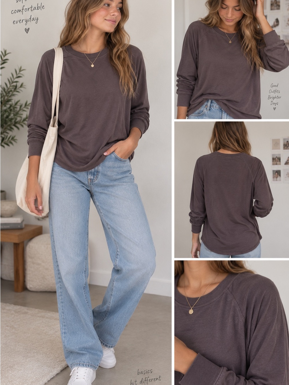 Workshop Everyday Casual Crewneck Long-Sleeve Top Chocolate Brown Fleece Lined